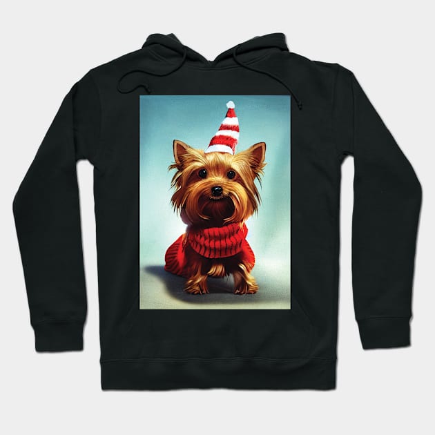 Christmas Yorkshire Terrier in a Festive hat and sweater Hoodie by Geminiartstudio